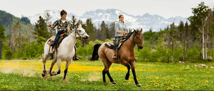 Confident plus-size woman riding Govan a horse through a field with a smile on her face.